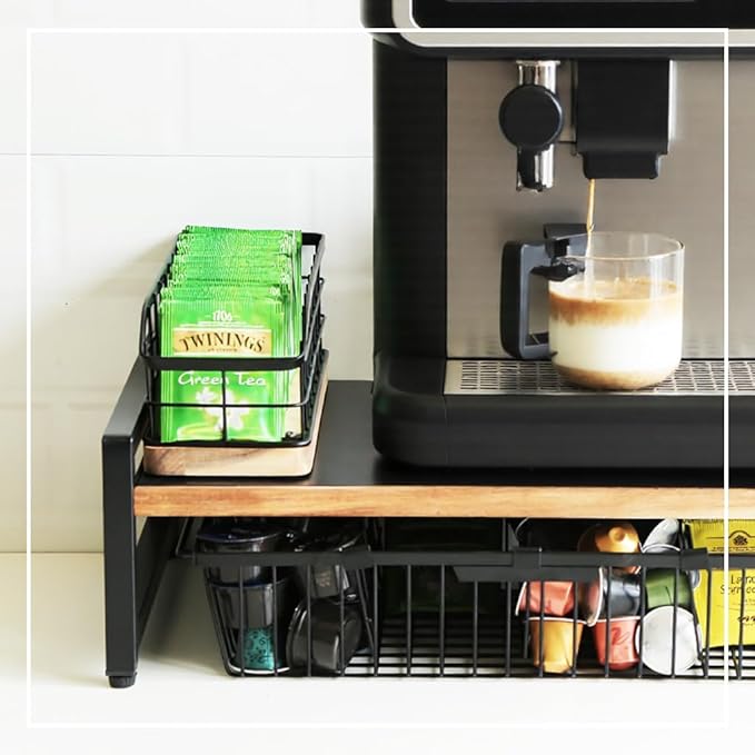 Tea Bag Organizer,Iron Wire Basket with Wooden Base.Tea Storage Containers with 3 Slots,Sugar Packet,Tea Bar Accessories for Countertop Cabinet Drawer. (WOOD,VERTICAL)