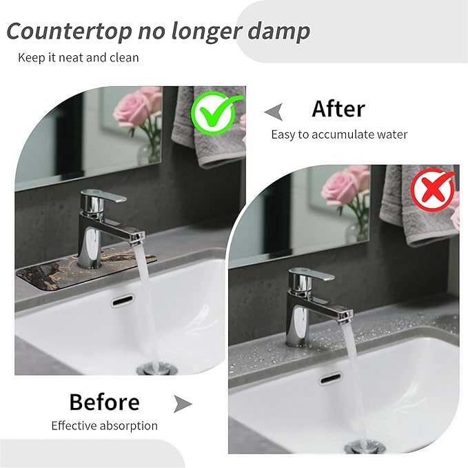 Kitchen Sink Splash Guard，Marble black gold Faucet Mat Sink Gadgets-Super Absorbent Fast Drying Mat Drip Catcher for Kitchen, Bathroom,Sink Mat, Dish Drying Mat, Bathroom(15" X 5.5" )