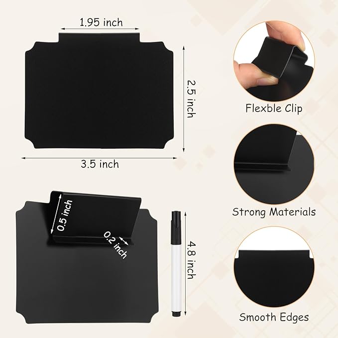 YooNotee 50 Pcs Basket Labels Clip on with 4 Black Chalk Markers Reusable Plastic Storage Bin Erasable Labels Kitchen Pantry PVC Tag Stickers for Fabric Cubes Basket Box Organization (White and Black)