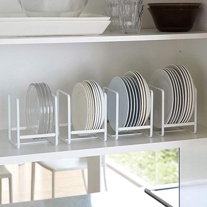 2PCS Plate Holders Organizer, Metal Dish Storage Dying Display Rack for Cabinet, Counter and Cupboard - White， Small
