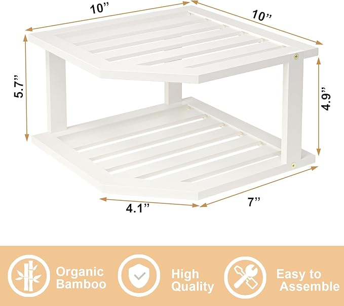 Bamboo Corner Shelf(2 Pack),2 Tier Plate Organizer for Cabinet and Countertop,Pantry Dish and Spice Rack for Kitchen(White)