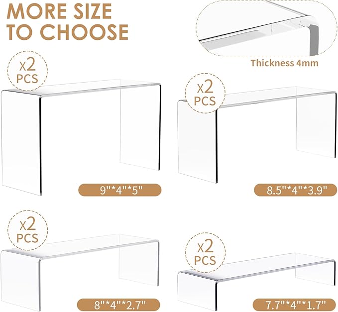 Anglelife 8 Pieces Large Display Risers, 4" Wide Clear Rectangular Tabletop Shelf for Showcase Collectibles, Acrylic Stand for Retail Desktop Jewelry Funko Pop Figures