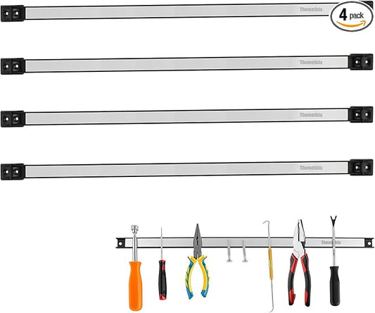 24" Magnetic Tool Holder Strip, 4 Pieces Silver Metal Tool Organizer Rack with Stainless Steel Surface, Magnet Bar for Garage Workshop, Easy To Install with Mounting Screws
