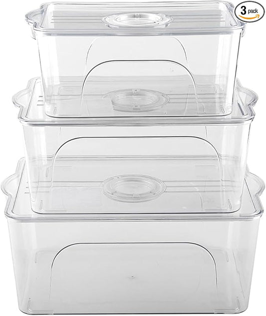 Food Storage Containers with Lids - Clear Plastic Stackable Storage Bins with Date Recorder for Fridge, Freezer, Kitchen Cabinet, Pantry Organization (Set of 3)