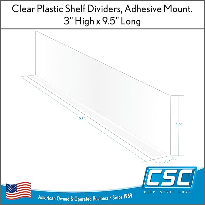 Clear Plastic Shelf Divider 3" H x 9-9/16" L with Adhesive Mount by ClipStrip | 20 mil Thick | Crystal Clear PVC Retail Shelf Separator | Item SD-3010, Pack of 50