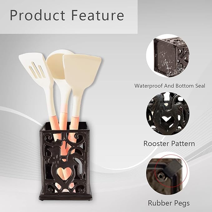 Vintage Utensil Holder for Countertop, Robust Cast Iron Utensil Holder for Kitchen Counter Cooking Tools Crock Spoon and Spatula Holder Organizer, Coffee Gold