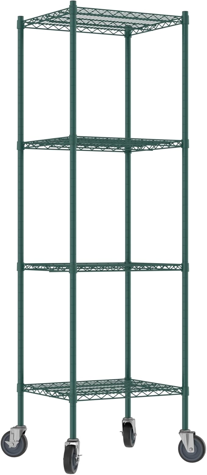 Commercial NSF Listed Green Epoxy Mobile Wire Shelving Kit 21" x 24" x 80", with 4 Shelves Perfect for Warehouse, Walk-in Refrigerator, Freezer, Grocery Store, Restaurant, Dishroom