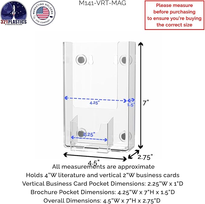 6 Pack Magnetic Brochure Holder 4 Inches with 2" x 3.5" Vertical Business Card Slot Clear Acrylic Attaches to Metal Surfaces Tri Fold Rack Card Printed Media Display by Marketing Holders