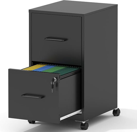 2 Drawer Mobile File Cabinet, Metal Under Desk Filing Cabinet with Lock and Wheels, Home Office Rolling File Cabinet for Legal/Letter Hanging File Folders, Un-Assembled, Black