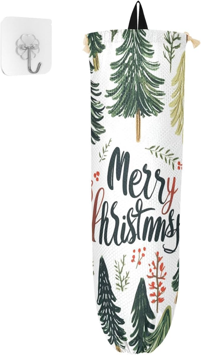 Plastic Bag Holder Wall Mount Grocery Bag Shopping Bag Storage Holder Organizer Dispenser with Adhesive Hook,for Kitchen Bathroom Home Decor 9x22 Inches Green Pine Trees35