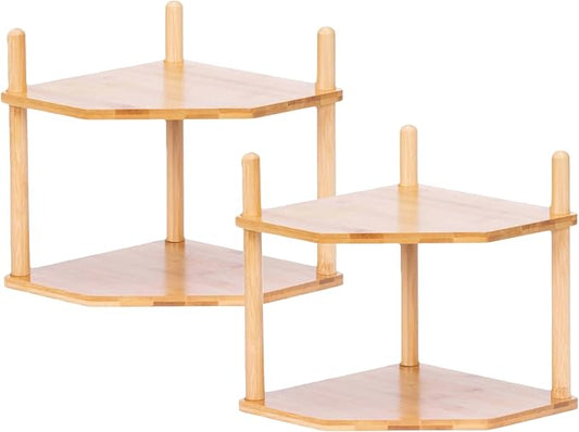 2 Pack 2-Tier Expandable Bamboo Corner Shelf - Dish/Plate Organizer for Cabinet, Kitchen Counter Shelf & Small Kitchen Shelf, Adjustable(2, 6.7" H)