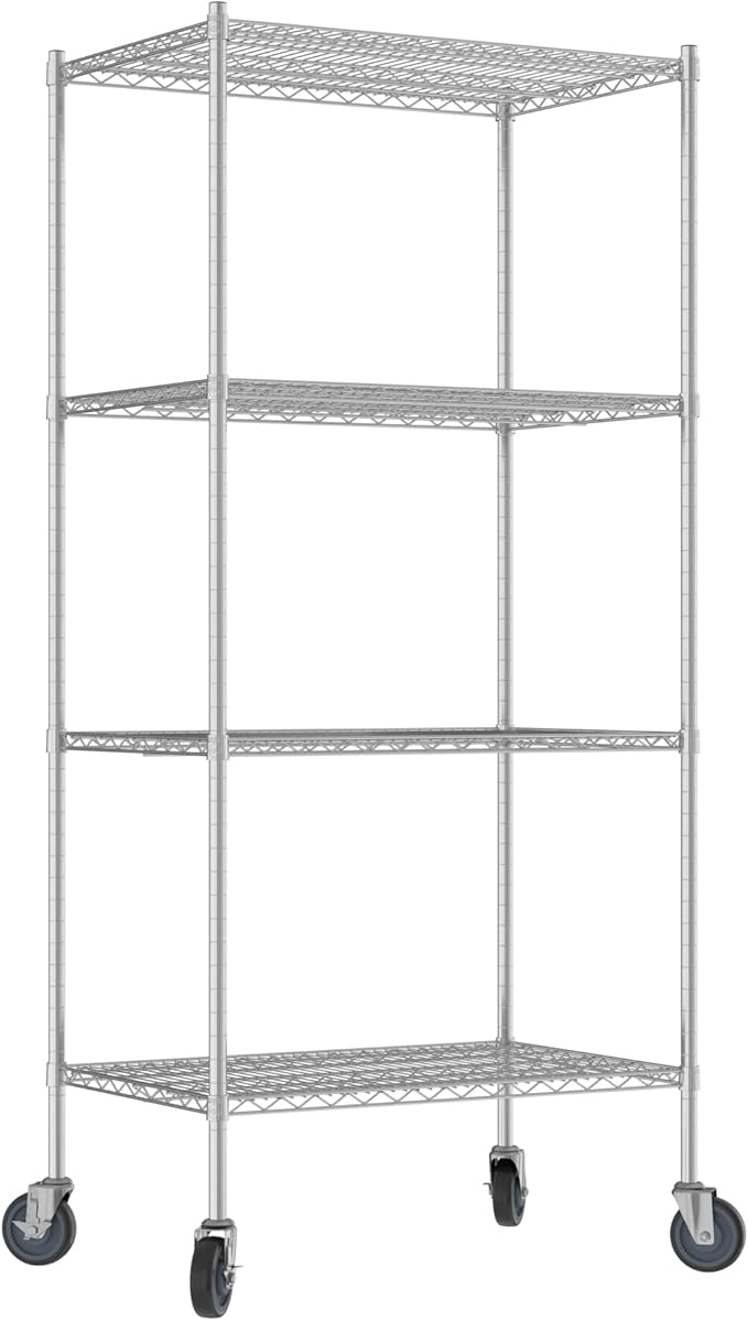 Commercial NSF Listed Chrome Mobile Wire Shelving Kit 24" x 36" x 80", with 4 Shelves Perfect for Warehouse, Walk-in Refrigerator, Freezer, Grocery Store, Restaurant, Dishroom