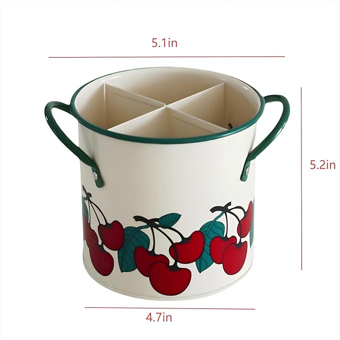 Vintage Utensil Crock - Cherry Kitchen Decor Iron Organizer with Detachable Divider, 4-Compartment Drain Hole Utensil Holder for Vintage Kitchen Utensils & Accessories