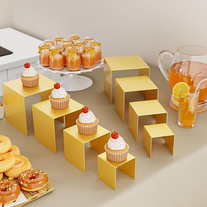 Matte Metal Display Stand,6 Pcs 2 Set Display Risers for Display, Metal Rectangular Display Shelf for Showcase, Dessert, Toys, Perfume (Gold, 3''x4''x5 x6)
