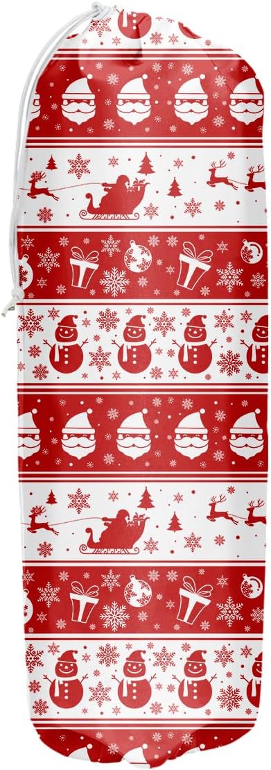 Red Grocery Bag Holder and Dispenser Christmas Snowman Santa Claus Elk Gift Snowflakes Pattern Plastic Bags Organizer Garbage Shopping Trash Bags Storage for Kitchen Home
