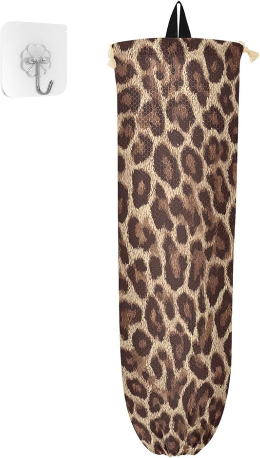 Plastic Bag Holder Wall Mount Grocery Bag Shopping Bag Storage Holder Organizer Dispenser with Adhesive Hook,for Kitchen Bathroom Home Decor 9x22 Inches Classical Leopard Print Brown28