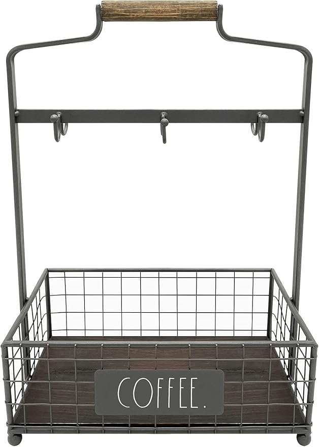 Rae Dunn Coffee Mug Holder - 6 Hook Coffee Cup Rack with Rectangular Rustic Style Crockery Holder for Storage and Display - Mug Stand Organizer for Kitchen Counter or Cafe Countertop - Coffee