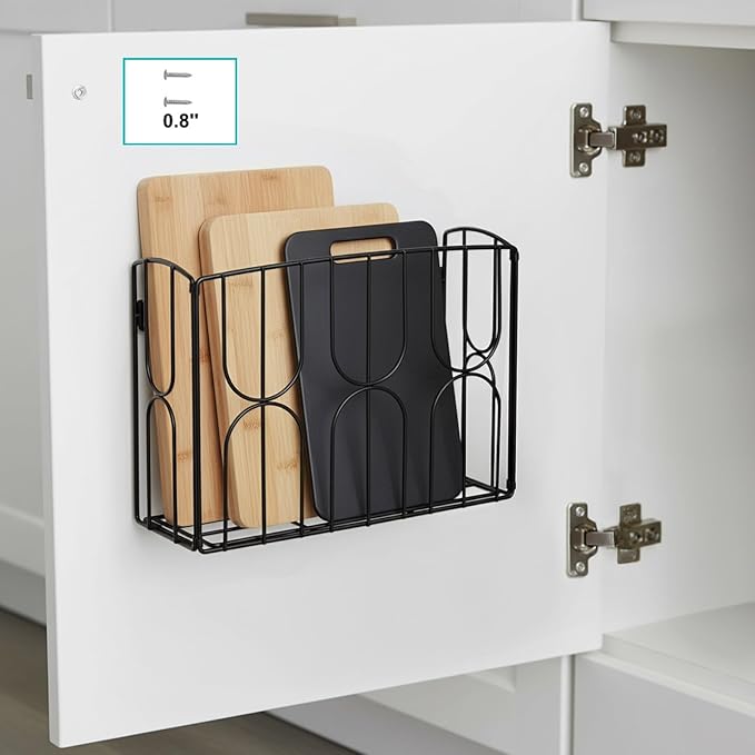 DEAYOU Kitchen Wrap Organizer Rack Wall Mount, Cabinet Door Storage Basket, Sturdy Metal Aluminum Foil Holder for Sandwich Bag, Wax Paper, Plastic Wrap, Food Bag, Cutting Boards, Black