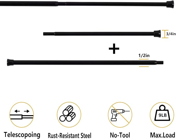 KXLife 2Pcs Tension Curtain Rod Adjustable 28-40 Inch, Small Tension Rods No Drill, Expandable Spring Loaded Tension Rods for Window (Black)