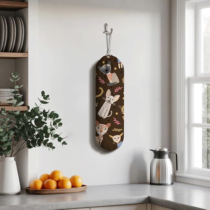 Cartoon Cat Plastic Bag Holder, Wall Mount Plastic Bags Organizer Dispenser, Grocery Bags Storage Holder for Home Kitchen Camper, Housewarming Gifts, Kitchen Pattern Garbage Bag 39