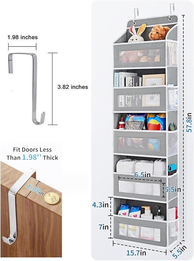Over The Door Organizer, 5 Shelves Closet Door Hanging Organizer with 10 Mesh Pockets,for Bedroom,Bathroom,Pantry,Nursery (Gray)