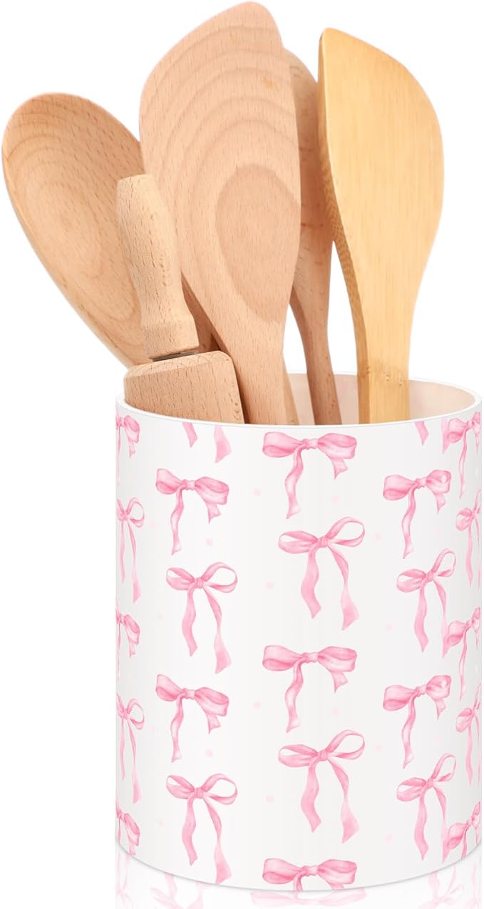 WILLBOND Pink Bow Utensil Holder Coquette Acrylic Kitchen Decor Cooking Utensil Crock Preppy Storage Caddy Organizer Vase Decor for Kitchen Countertop Spoon Holder Jar Housewarming Gift