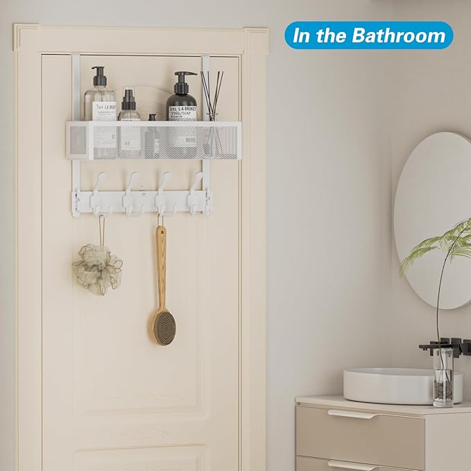 Over The Door Hooks Organizer, Over The Door Coat Rack with 12 Coat Hooks, Door Hanger Towel Rack, Back of Door Storage for Bedroom, Kitchen, Bathroom(White)