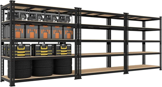 5 Tier Garage Storage Shelves - 48" W x 18" D x 71" H Heavy Duty Adjustable Shelving Unit, Metal Organizer Utility Rack for Basement, Pantry, Kitchen, Black, 3 PCS