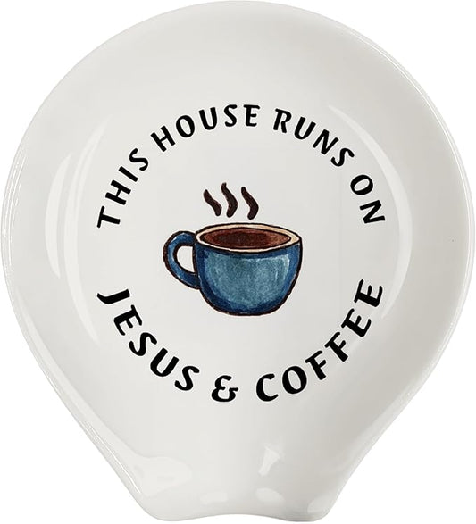Coffee Spoon Rest, Coffee Bar Accessories & Spoon Holder, Coffee & Jesus Ceramic Spoon Holder for Coffee Lovers Gifts for Friend Wife Husband Sister (White-2)