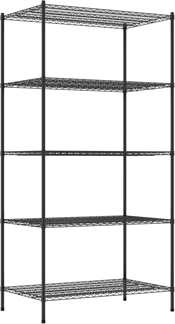 Commercial NSF Listed Black Epoxy Stationary Wire Shelving Kit 30" x 48" x 96", with 5 Shelves Perfect for Warehouse, Walk-in Refrigerator, Freezer, Grocery Store, Restaurant, Dishroom