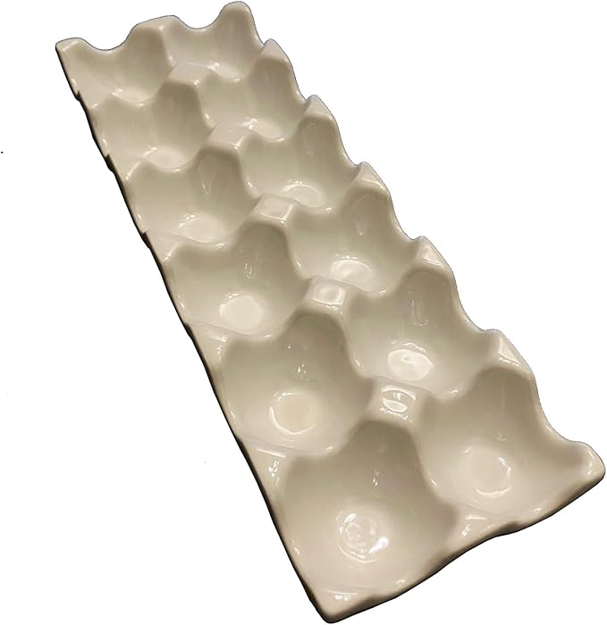 Ceramic Egg Holder, 12 Porcelain Serving Tray - White Scandinavian Farmhouse Chic Carrier Egg Box for Home, Kitchen, Fridge, Restaurant