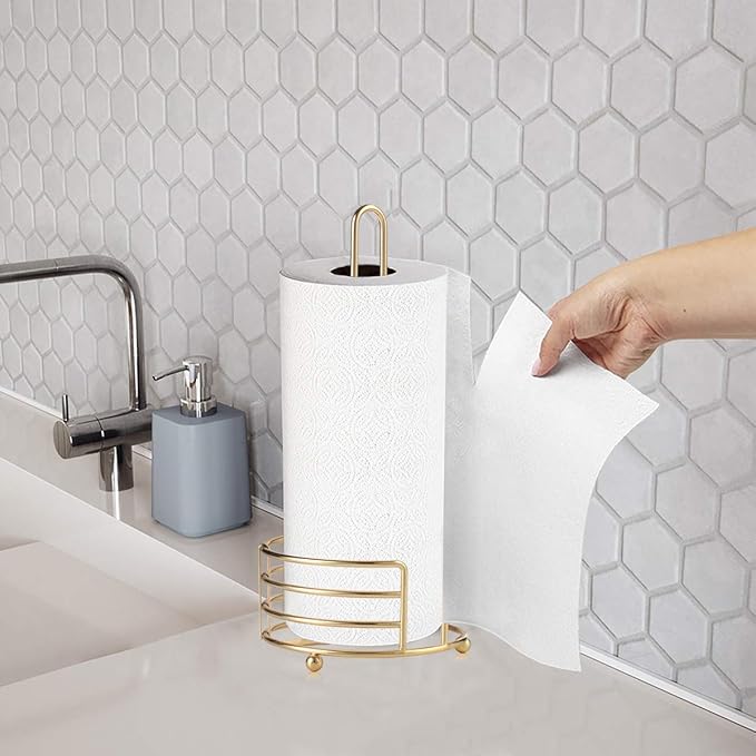 Buruis Paper Towel Holder for Countertop, Metal Standing Paper Towel Dispenser with U-Shape Handle and Stable Base, Gold