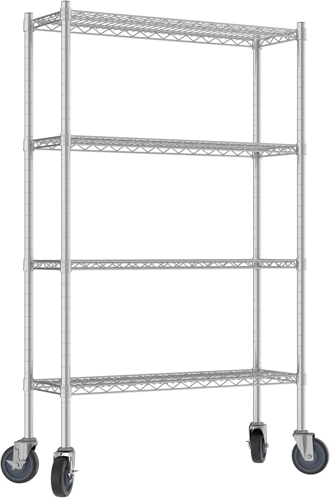 Commercial NSF Listed Chrome Mobile Wire Shelving Kit 12" x 36" x 60", with 4 Shelves Perfect for Warehouse, Walk-in Refrigerator, Freezer, Grocery Store, Restaurant, Dishroom