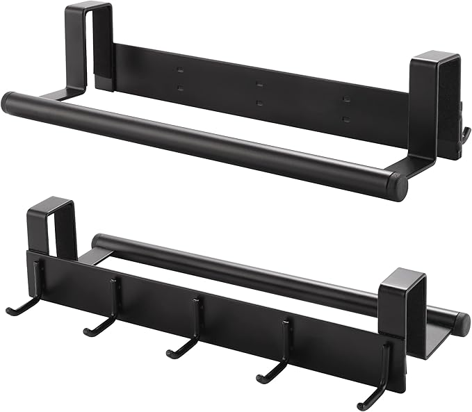 KES Over the Cabinet Door Towel Bar with Hooks, Kitchen Towel Holder with Hooks for Hanging Utensils, Over the Cabinet Door Organizer with Hook 2 Pack, Matte Black, KUR527-BK-P2