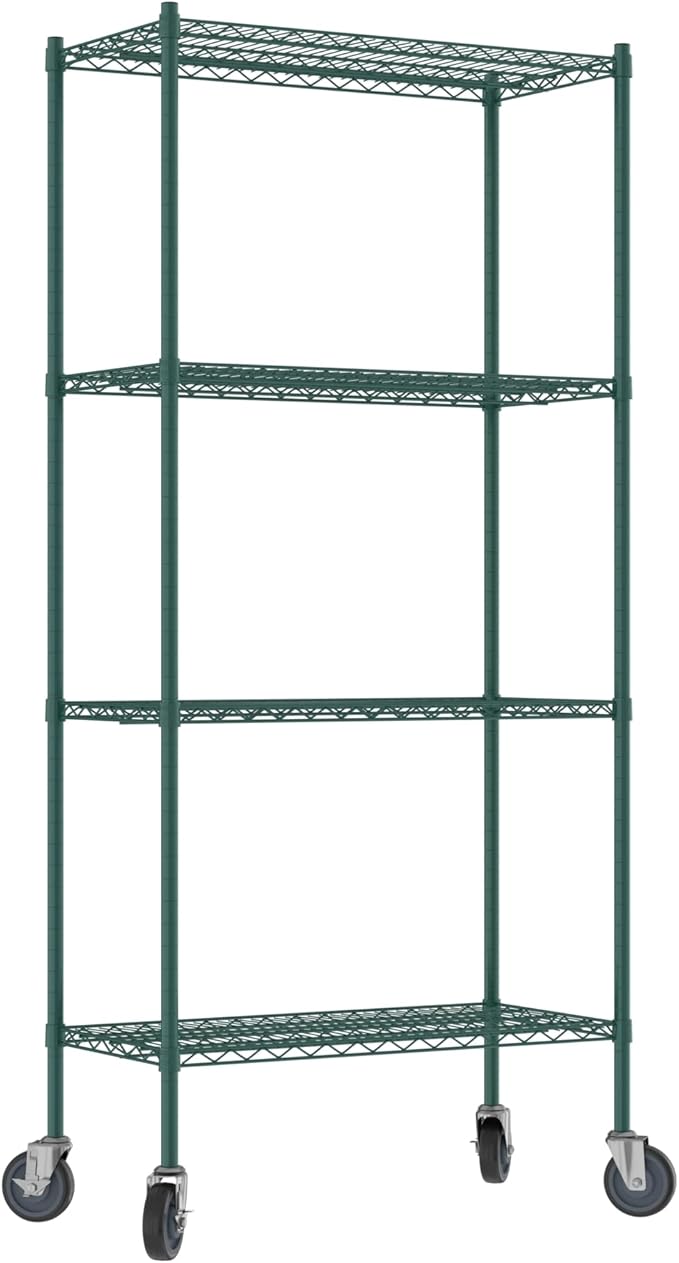 Commercial NSF Listed Green Epoxy Mobile Wire Shelving Kit 18" x 36" x 80", with 4 Shelves Perfect for Warehouse, Walk-in Refrigerator, Freezer, Grocery Store, Restaurant, Dishroom