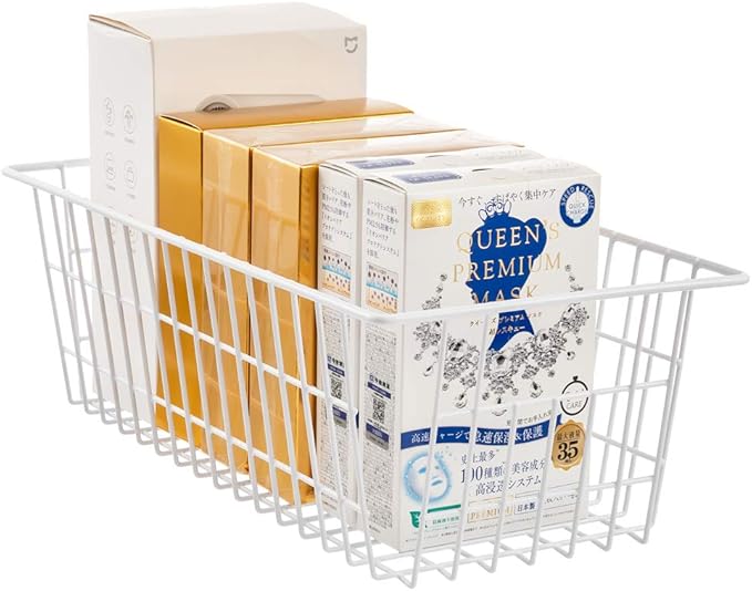 blitzlabs Wire Storage Basket Freezer Organizer Bins Food Storage Baskets with Handles Pantry Organizer for Kitchen Cabinets Closet Bedroom Bathroom,Set of 2,White