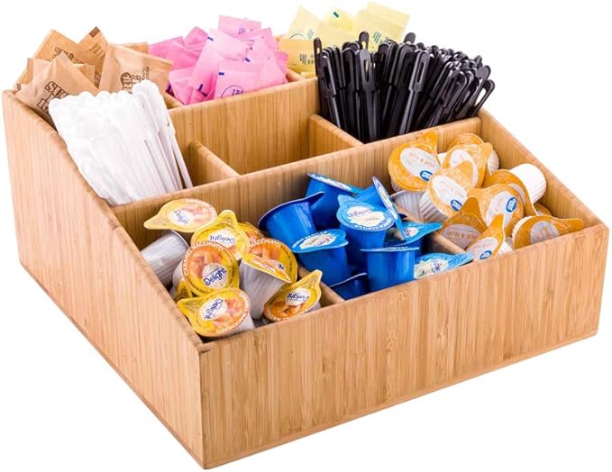 Restaurantware-11.75 x 5.5 Inch Coffee Condiment Organizer, 1 Square Creamer Organizer - 9 Compartments, Break-Resistant, Bamboo Coffee Accessory Caddy, Won't Chip, For Sugar Packets And Creamers
