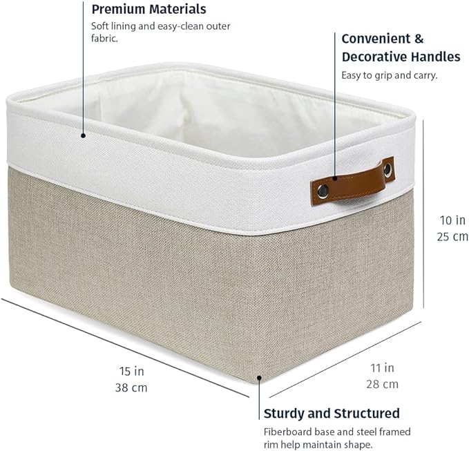OrganiHaus Large Fabric Storage Baskets for Shelves 3 Pack, 15x11in Closet Storage Bins for Shelves, Canvas Baskets for Organizing, Linen Closet Organizers, Cloth Basket, Beige/Off-White