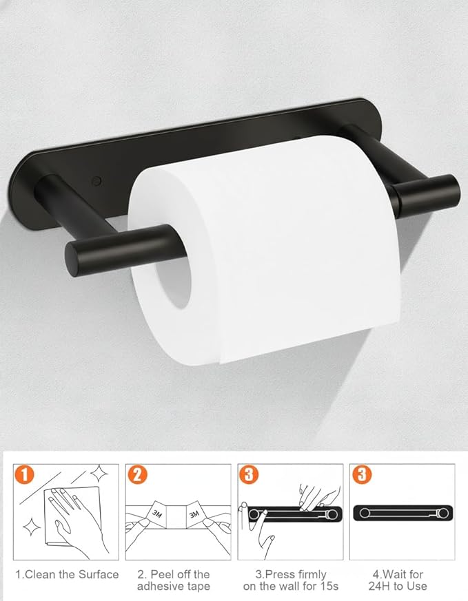 YUET Toilet Roll Holder, Self Adhesive or Screw in Wall Mounted Options, Double Post Pivoting Tissue Roll Holder, Stainless Steel Rustproof Stick On No Drilling Wall Mount for Bathroom, Matte Black