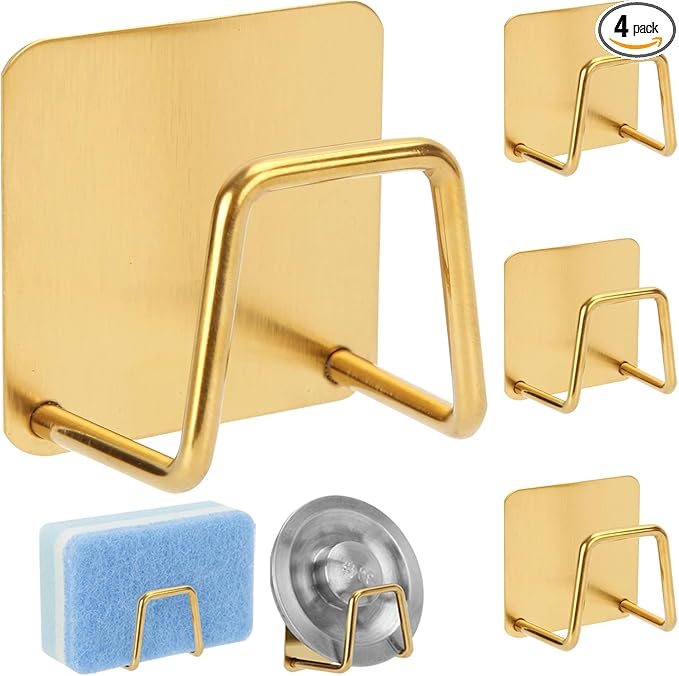 4 Pcs Adhesive Sponge Holder for Kitchen Sink Essentials,No Drilling.Stainless Steel Small Dish Sponge Holder for Sink Counter,Dish Sponge and Brush Organization Holder.Rustproof and Waterproof,Gold