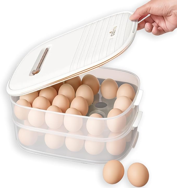 COZYTO Premium EggNest 2-Layer Egg Holder for Refrigerator – Stackable Egg Storage Tray with Sliding Date Dial Lid | Holds 44 Eggs | BPA-Free, Durable & Space-Saving (White Lid & Transparent Box)