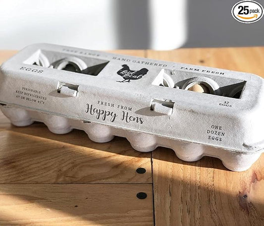25 Egg Cartons- Adorable Printed Vintage Design for Farm Fresh Eggs, Recycled Paper Cardboard, Sturdy & Reusable, Carton Holds up to XL Chicken Eggs (25, Locally Laid Hen)