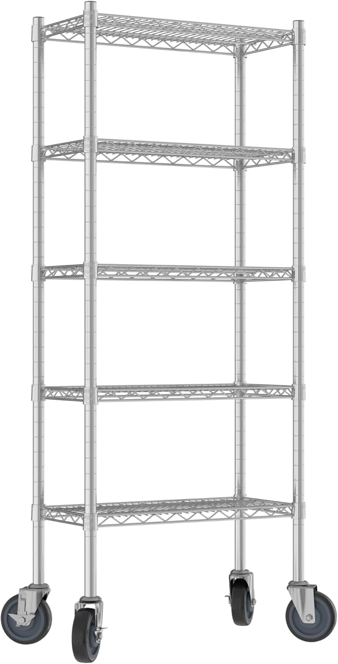 Commercial NSF Listed Chrome Mobile Wire Shelving Kit 12" x 24" x 60", with 5 Shelves Perfect for Warehouse, Walk-in Refrigerator, Freezer, Grocery Store, Restaurant, Dishroom