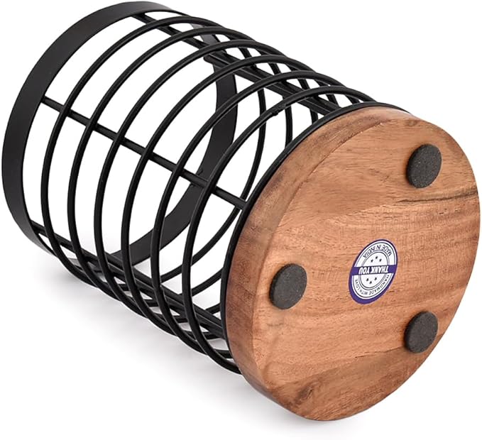 EDHAS Black Iron Kitchen Utensil Holder with Acacia Wooden Base Round Flatware Storage for Countertop (4.5" x 4.5" x 6")
