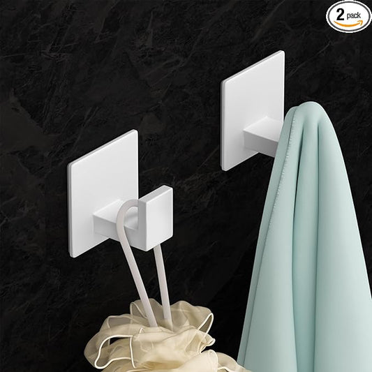 VINHOLD Adhesive Shower Hooks, Towel Hooks for Hanging Robe, Coat, Hat, Loofah, Heavy Duty Wall Hooks Stick on Bathroom, Kitchen and Office (2 Pack, White)