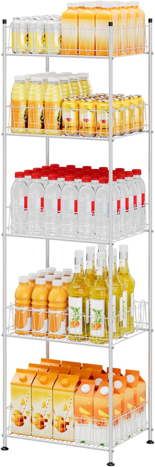 ETELI Water Bottle Storage Organizer 5 Tier Metal Water Bottle Holder Shelf Drink Beverage Soda Can Organizer Rack Bottled Water Stand for Floor Classroom Kitchen Food Storage, Silver