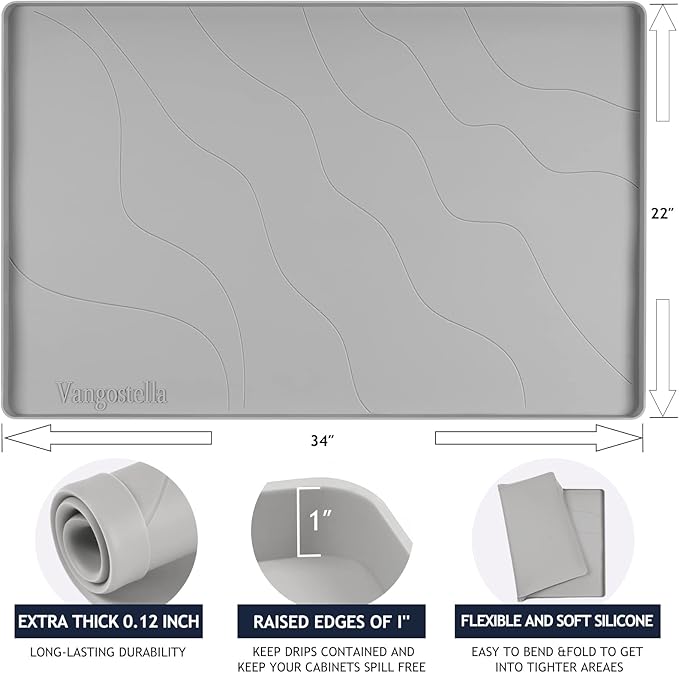 Vangostella Heavy Duty Silicone Under Sink Mats for Kitchen Waterproof 19" x 19", Extra Thick Under Sink Rubber Mat Drip Tray, Raised Edge Under Sink Liner,Prevent Drips, Leaks, Spills,Grey