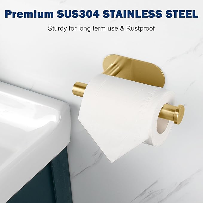NearMoon Toilet Paper Holder Self Adhesive, Premium Thicken SUS304 Stainless Steel Rustproof Adhesive Toilet Roll Holder no Drilling for Bathroom, Kitchen, Washroom (2 Pack, Brushed Gold)