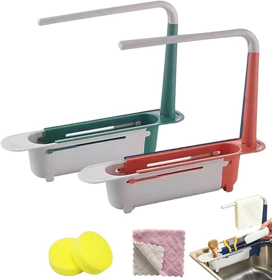 Updated Telescopic Sink Storage Rack, Dish Drying Rack over the Sink, Expandable Slim Drain Basket, Multifunctional Caddy Adjustable Kitchen Sponge Holder, for Counter Space Bathroom (2 PCS-C&D)