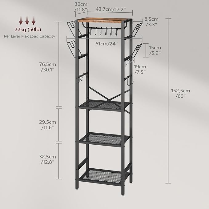 4-Tier Pot Rack, Pots and Pans Organizer for Kitchen, Lid Organizer Rack with U-Shaped Lid Holders, Kitchen Storage Shelf for Standing Cookware, Rustic Brown and Black POHR3001